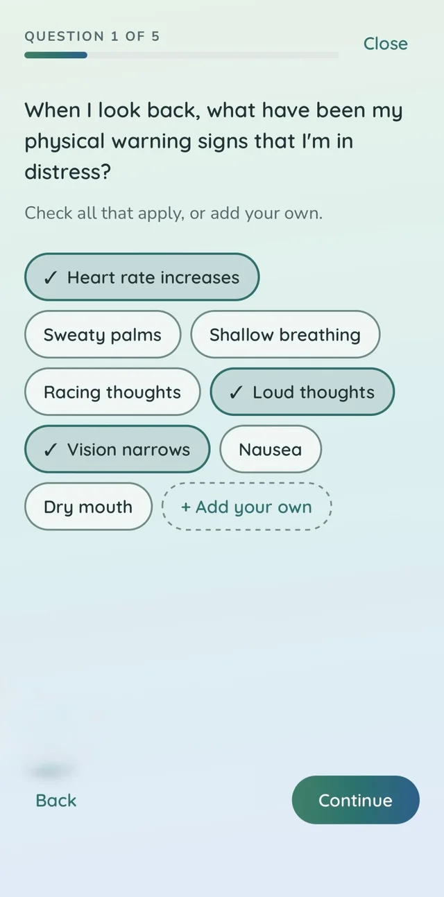 Safety plan question asking about physical warning signs of distress, with selectable options like heart rate increases and vision narrows