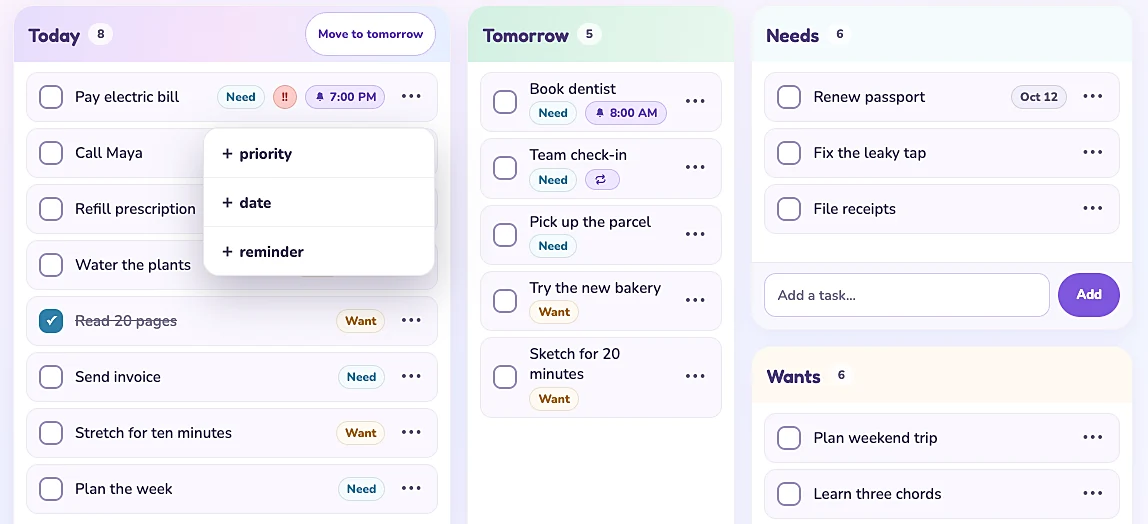 Tablet layout with Today, Tomorrow, Needs, and Wants columns side by side and a quick menu to add priority, date, or reminder